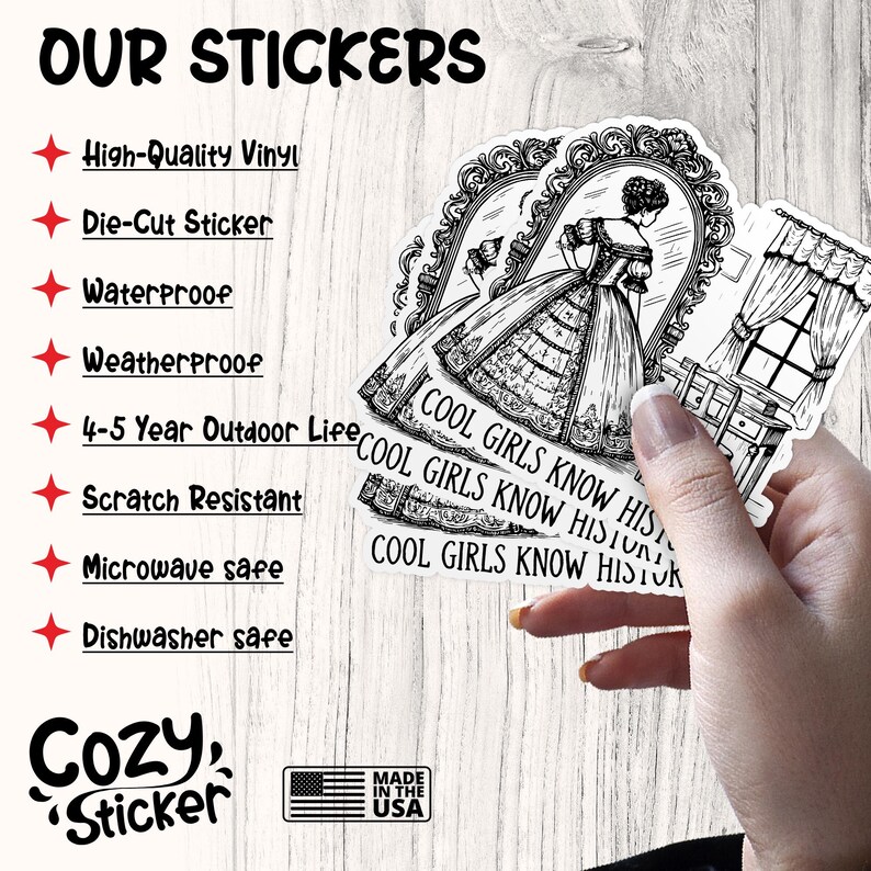May include: A black and white sticker featuring a woman in a dress looking in a mirror. The sticker has the text "Cool girls know history" repeated three times. The sticker is made of high-quality vinyl and is waterproof, weatherproof, scratch resistant, microwave safe, and dishwasher safe.
