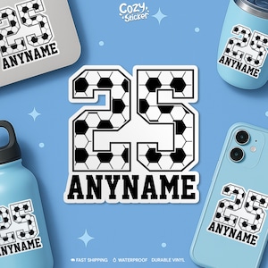 Custom American Soccer Sports Sticker, Personalized Soccer Name And Number Waterproof Vinyl Die-Cut Sticker Gifts for Her Kids Girly