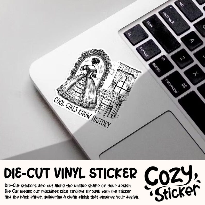 May include: Black and white die-cut vinyl sticker featuring a woman in a dress looking in a mirror with the text "Cool Girls Know History".