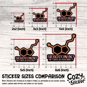 K&ouml;nnte beinhalten: Vergleich der Aufklebergr&ouml;&szlig;en mit einem Serotoninmolek&uuml;l-Design und dem Text "SEROTONIN? IN THIS ECONOMY?". Gr&ouml;&szlig;en von 5.08cm x 5.08cm bis 15.24cm x 15.24cm, mit Cozy Sticker Logo.