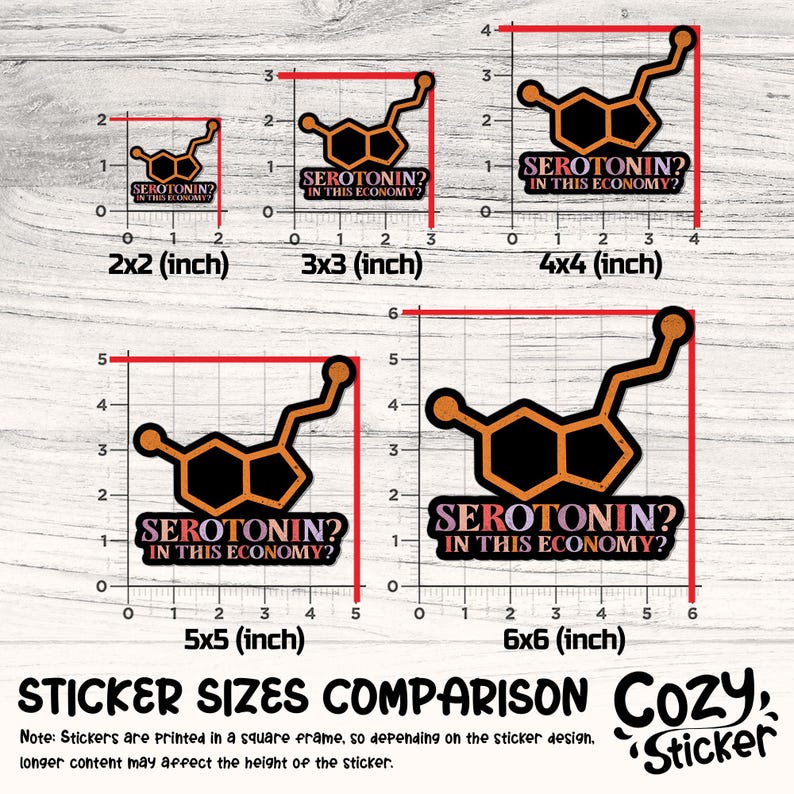 K&ouml;nnte beinhalten: Vergleich der Aufklebergr&ouml;&szlig;en mit einem Serotoninmolek&uuml;l-Design und dem Text "SEROTONIN? IN THIS ECONOMY?". Gr&ouml;&szlig;en von 5.08cm x 5.08cm bis 15.24cm x 15.24cm, mit Cozy Sticker Logo.