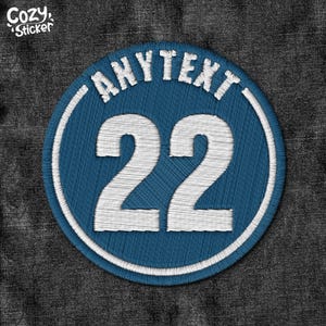May include: Blue and white embroidered patch with the number 22 and the text "ANYTEXT" around the edge.