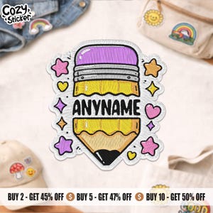 May include: Embroidered pencil-shaped patch with the text "ANYNAME". The patch features a purple eraser, yellow pencil body, and black tip, surrounded by stars and hearts. The patch is a Cozy Sticker product.