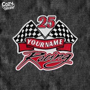 May include: Red, white, and black racing patch with a checkered flag design, the number 25, and the text "YOUR NAME Racing".