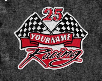 Custom Your Name Racing Patch with Checkered Flag Car Motorcycle Racing Racer Driver Gift Patch Applique for Clothes Hats Backpacks
