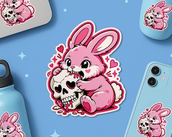 Funny Cute Bunny Rabbit With Skull Head Sticker, Gothic Reader Bookish Animal Lover Waterproof Sticker for Laptop Water Bottle Helmet Gift
