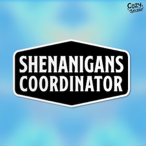May include: Black and white sticker with the text "Shenanigans Coordinator" in a white, bold font on a black hexagonal background.