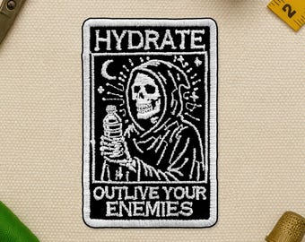 Hydrate Outlive Your Enemies Patch, Edgy Gothic Skeleton Dark Humor Meme Patch Applique for Clothes Hat Backpack, Gift Jacket Bag Jean