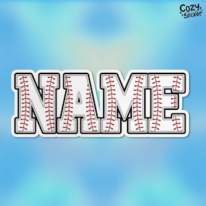 May include: White sticker with the word "NAME" in black letters. The letters are outlined in black and filled with a baseball stitch pattern. The background is white with red stitching.