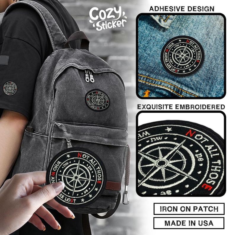 May include: Black embroidered patch with a compass design and the text "NOT ALL THOSE WHO WANDER ARE LOST." The patch is round and has a red border. The image also shows the patch on a backpack and denim jacket.