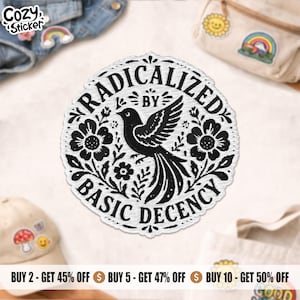 May include: A circular black and white patch featuring the text "RADICALIZED BY BASIC DECENCY" around a black bird illustration. The design includes floral and leaf motifs. Other patches and accessories are visible in the background.