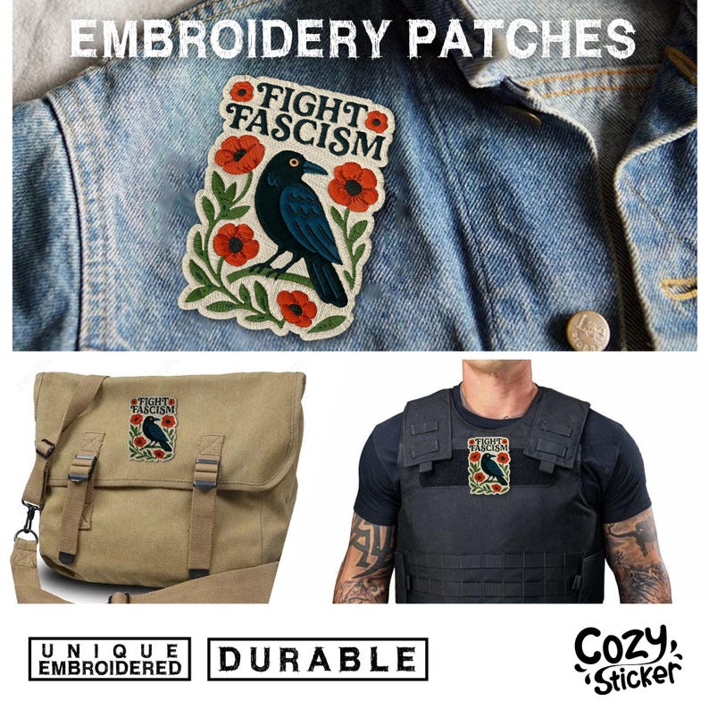 Puede incluir: Parches bordados con un cuervo negro, amapolas rojas y el texto "FIGHT FASCISM". Los parches se muestran en una chaqueta vaquera, un bolso de lona y un chaleco negro. Los parches se describen como &uacute;nicos y duraderos.