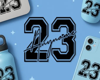 Custom Name Number Sticker, Personalized Sport Player Name and Number Sport Player Vinyl Sticker Laptop Water Bottle for Her Him Adult