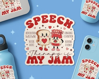Speech Therapy Is My Jam Sticker, SPL Speech Language Pathologist SPED Teacher Nurse Die Cut Sticker, Laptop Decal Water Bottle Gift