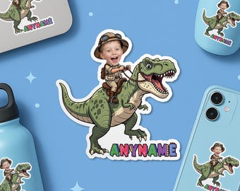 Custom Dino Kids Face Sticker, Personalized Dinosaur Kids Boys Face With Name Waterproof Stickers for Laptop, Water Bottle, Her, Him, Adult