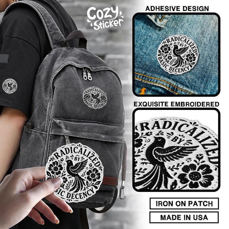 Puede incluir: Parche bordado con un p&aacute;jaro negro y dise&ntilde;o floral, rodeado por las palabras "RADICALIZED BY BASIC DECENCY". El parche se muestra en una mochila y una chaqueta vaquera. Es un parche para planchar, hecho en EE. UU.