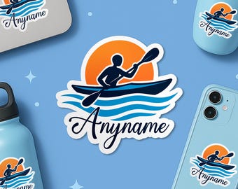 Custom Name Kayak Sticker, Personalized Kayak with Paddle, Outdoor Water Sports Canoeing Waterproof Vinyl Die-Cut Sticker for Laptop Bottle
