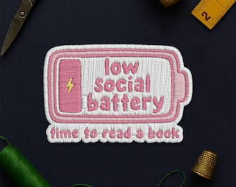 Low Social Battery Time To Read A Book Patch, Pink Bookish Book Lover Patch Applique for Clothes Hat Backpack, Gift Jacket Bag Jean
