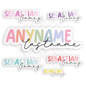 May include: A selection of name stickers in pastel shades. The stickers display names such as "Sebastian Gomez" and "Anyname Lastname" in fun fonts, suitable for personalising belongings.