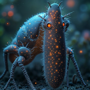 May include: A digital illustration of a creature with a long, segmented body and multiple legs. The creature is blue with orange glowing spots and eyes. The background is a blurred, dark blue and green.