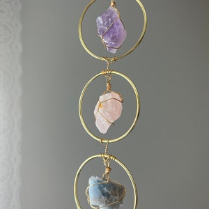 Crystal Wall Hanger/ Crystal Wall Decor/ Chakra Wall Hanger- 3 Ring / Amethyst, Blue Calcite, Rose Quartz, Black Obsidian