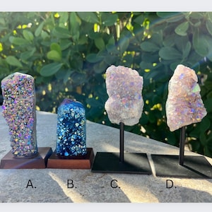 Amethyst Aura on a metal stand/Cobalt Aura on wooden stand/ Rainbow Aura Amethyst