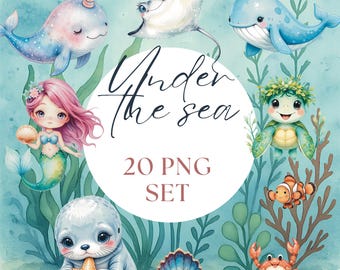 Watercolor Under the Sea Clipart: Mermaid, Ocean PNGs (Digital Download)