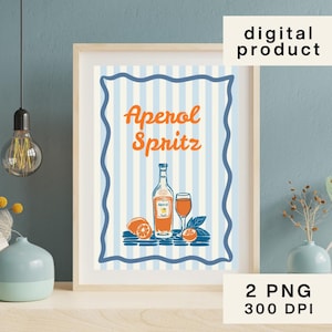 Impresión retro de Aperol Spritz: póster del cóctel La Dolce Vita, arte digital naranja y azul, decoración de pared de bar vintage, pintura de Aperol Spritz