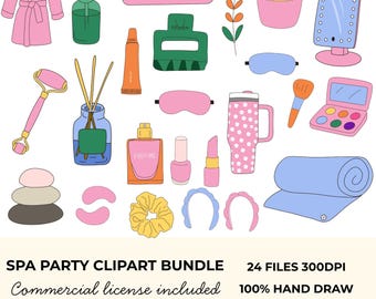 Spa Party Clipart Bundle | Cute Pamper Clipart | Pink Girls PNG | Sleepover & Self-Care and Kawaii Day Graphics