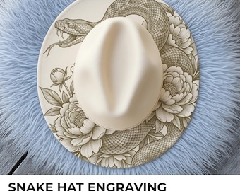 Projekt kapelusza z szerokim rondem z motywem węża i piwonii | Grawerowanie cyfrowe PNG PDF | Pirografia laserowa botaniczna