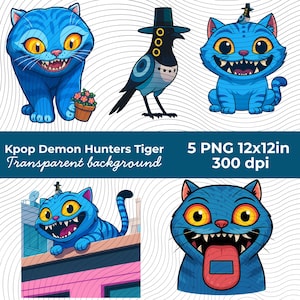 K-pop Demon Hunters Tiger PNG Bundle | Kawaii Blue Tiger Fan Art Clipart | Kpop Huntrix Digital Stickers