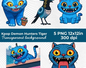 K-pop Demon Hunters Tiger PNG Bundle | Kawaii Blue Tiger Fan Art Clipart | Kpop Huntrix Digital Stickers