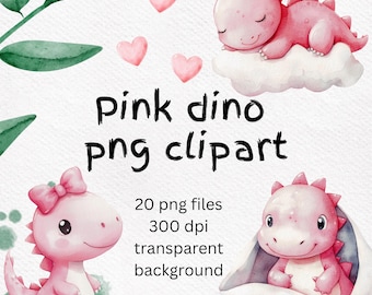Pink Dinosaur Watercolor Clipart – 20 Dino PNGs, Nursery Art (Digital Download)