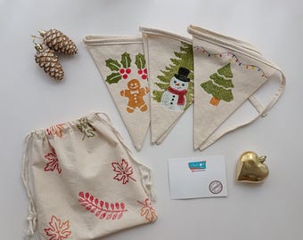 Girlande mit Weihnachtsgirlande - Öko-Baumwolle-Weihnachtsbanner, handgedruckter Weihnachtswanddekor