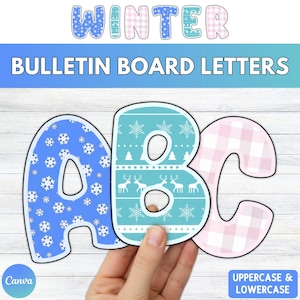 Puede incluir: Letras decorativas para tablón de anuncios que deletrean "WINTER" con patrones festivos. Se muestran las letras "A", "B" y "C", con el texto "BULLETIN BOARD LETTERS" arriba. También es visible el texto "UPPERCASE & LOWERCASE".