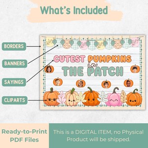May include: A digital print featuring the text "Cutest Pumpkins in the Patch" with pumpkin and leaf clip art. The design includes borders, banners, and sayings. The image is ready to print as PDF files.