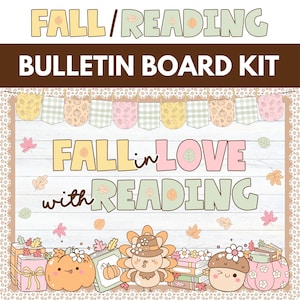 May include: A fall-themed bulletin board kit with the text "FALL/READING BULLETIN BOARD KIT". The design includes a banner, fall leaves, pumpkins, books, and a turkey character. The phrase "FALL in LOVE with READING" is prominently displayed.