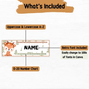 May include: A digital design with the text "What's Included" at the top. It includes uppercase and lowercase letters, a name section, and a 0-20 number chart. A retro font is included, and it's easy to change fonts in Canva.
