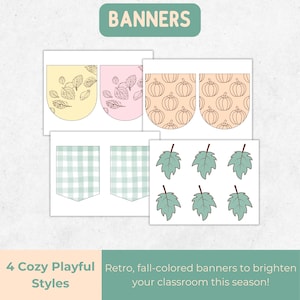 May include: Four banner designs with fall themes. The banners include leaf and pumpkin patterns, and a gingham pattern in light green. The text "Banners" is at the top, and "4 Cozy Playful Styles" is at the bottom.