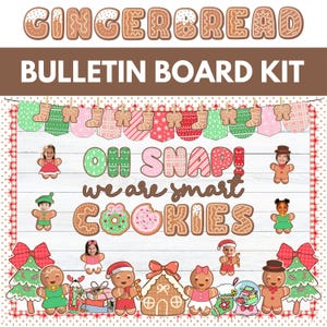 以下が含まれることがあります： 「Gingerbread」と「Bulletin Board Kit」の文字が上部にある、ジンジャーブレッドをテーマにした掲示板キット。ジンジャーブレッドマン、クッキー、靴下、そして「Oh Snap! We are smart cookies」というフレーズが含まれています。