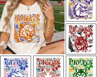 Custom Team Mascot Png, Floral School Spirit Mascot Tee, Game Day Football, Football Sports Team, Eagles Bears Gators, Cheer Leader Tee