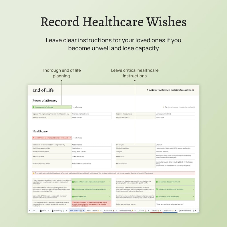 End of life planner – the Before Death Spreadsheet. Plan for your death. Estate planning spreadsheet. Financial summary, accounts, assets, debts, belongings, healthcare wishes, instructions for your executors and family. Google Sheet version.