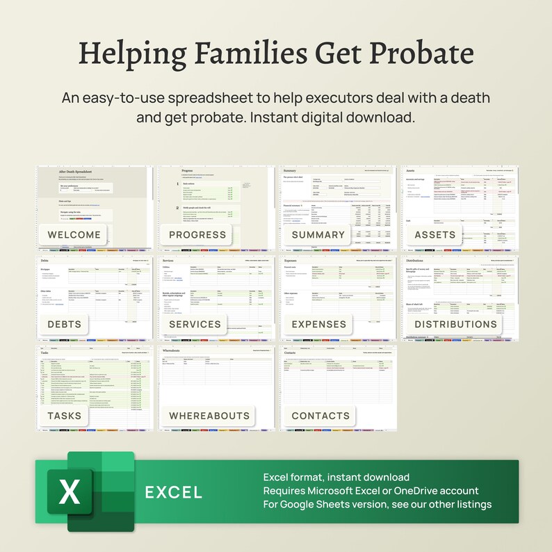 After Death Spreadsheet to help executors get probate. Easy to use template for families after bereavement. Financial summary, estate accounts, assets, debts. Task tracker and guidance. Probate organiser and planner. Excel version.
