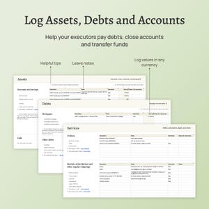 End of life planner – the Before Death Spreadsheet. Plan for your death. Estate planning template. Financial summary, accounts, assets, debts, belongings, healthcare wishes, instructions for your executors and family. Excel version.
