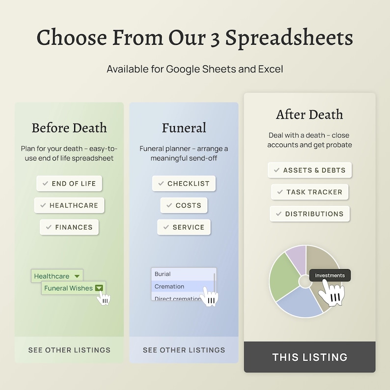 Choose from our 3 spreadsheets. Before Death (end of life planner), Funeral planner (arrange a funeral) and After Death (close accounts, deal with finances and get probate). Google Sheets and Excel.