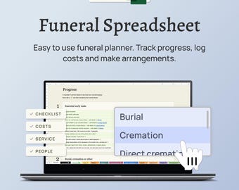 Funeral Planning Spreadsheet – Funeral checklist, cost tracking & service planning for families  (Excel)
