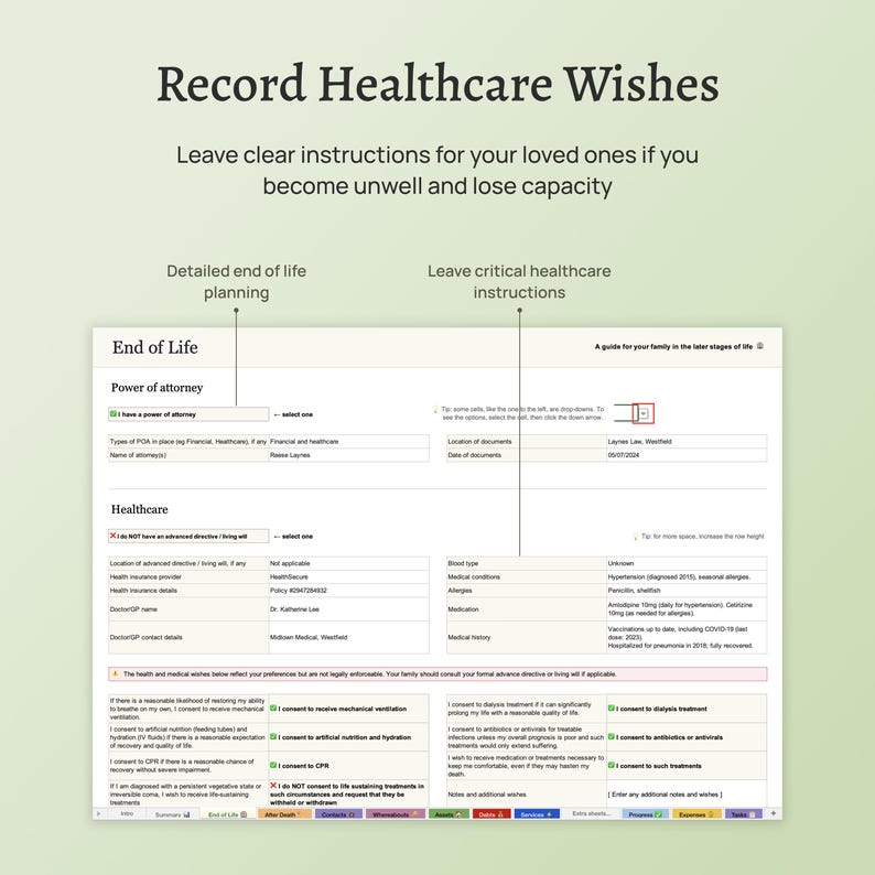 End of life planner – the Before Death Spreadsheet. Plan for your death. Estate planning template. Financial summary, accounts, assets, debts, belongings, healthcare wishes, instructions for your executors and family. Excel version.
