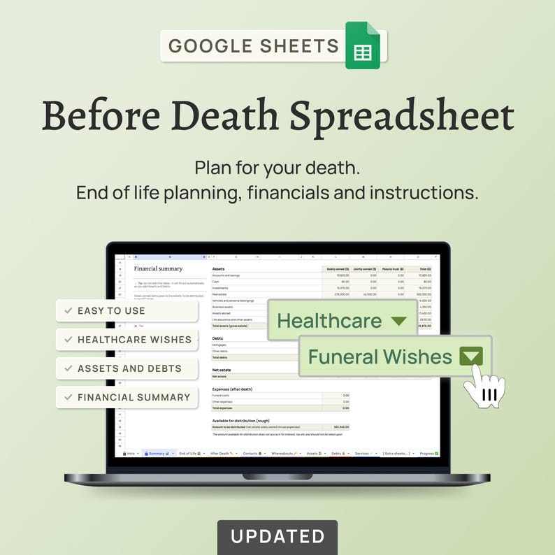 End of life planner – the Before Death Spreadsheet. Plan for your death. Estate planning spreadsheet. Financial summary, accounts, assets, debts, belongings, healthcare wishes, instructions for your executors and family. Google Sheet version.