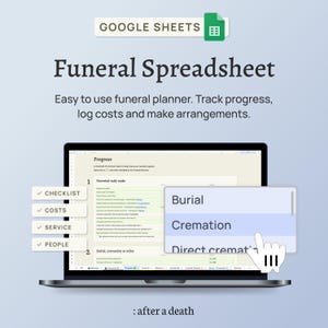 May include: A laptop screen displaying a Google Sheets document titled "Funeral Spreadsheet." The screen shows a funeral planner with options for checklist, costs, service, and people. A hand cursor hovers over the "Cremation" option.