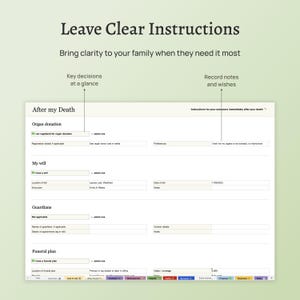 End of life planner – the Before Death Spreadsheet. Plan for your death. Estate planning template. Financial summary, accounts, assets, debts, belongings, healthcare wishes, instructions for your executors and family. Excel version.